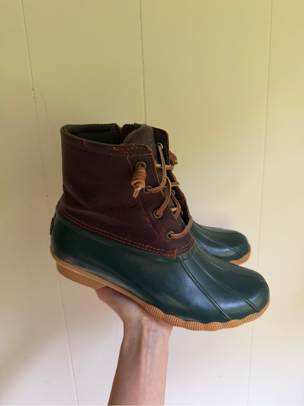 Duck-Style Waterproof Lace-Up Boots in Forest Green & Chestnut